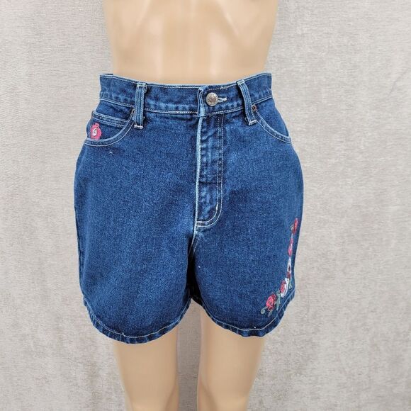 North Crest 90s Vintage Pink Floral Embroidered Denim Women's Blue Jean Shorts - Picture 13 of 15